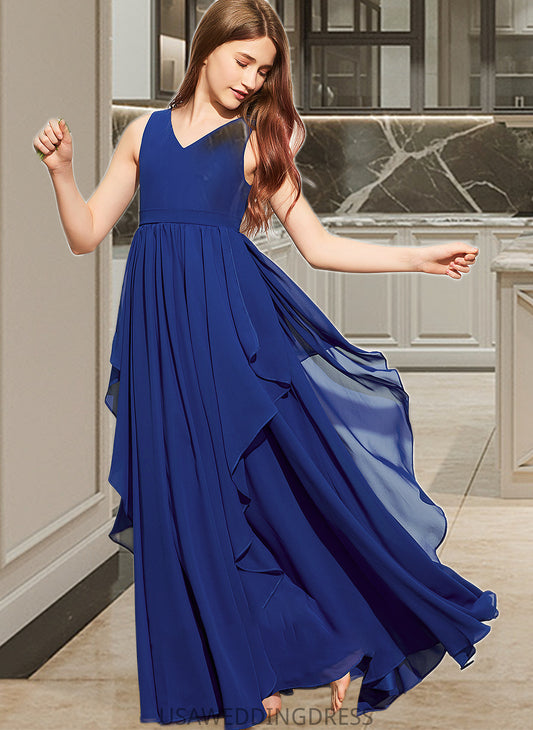 Nydia A-Line V-neck Floor-Length Chiffon Junior Bridesmaid Dress With Cascading Ruffles DSP0013381