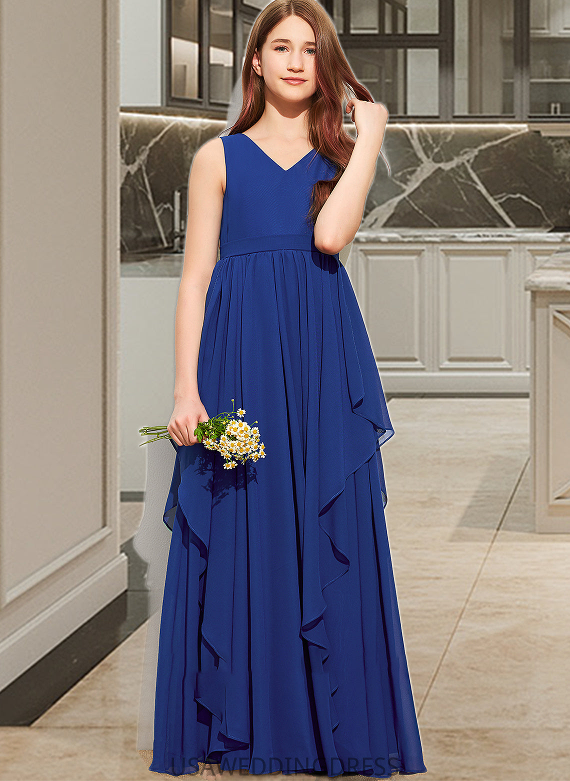 Nydia A-Line V-neck Floor-Length Chiffon Junior Bridesmaid Dress With Cascading Ruffles DSP0013381