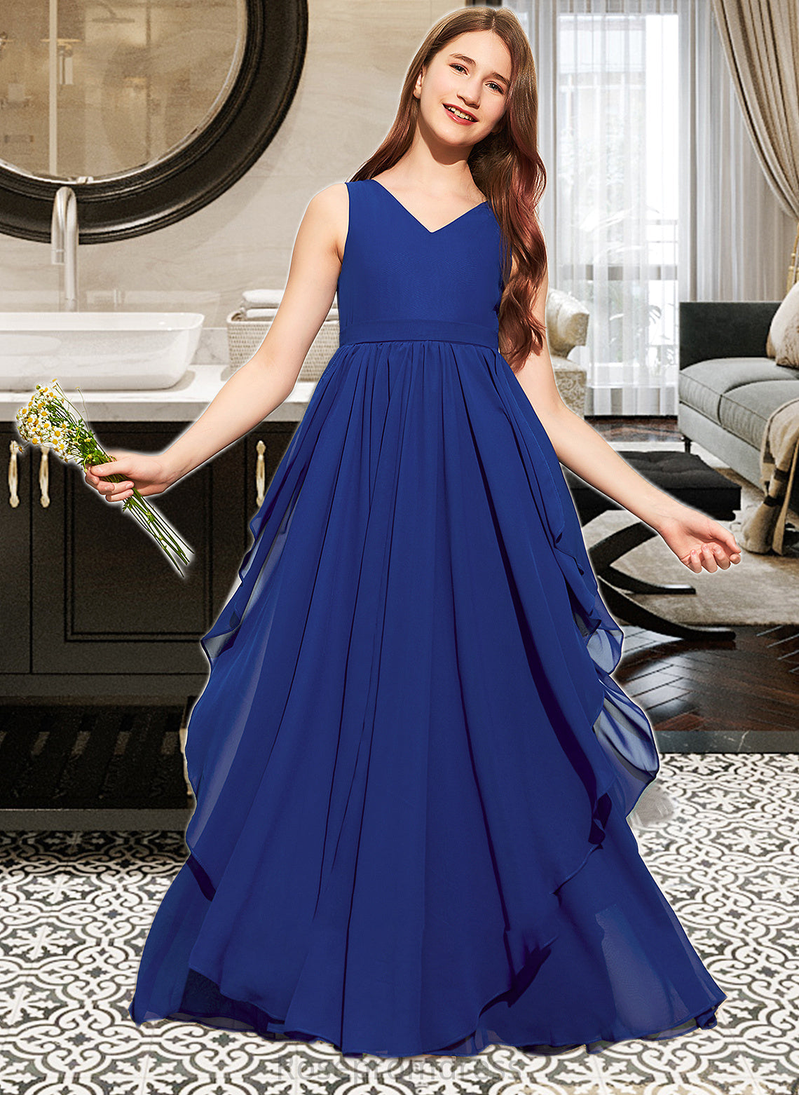 Karma A-Line V-neck Floor-Length Chiffon Junior Bridesmaid Dress With Cascading Ruffles SRSP0013381