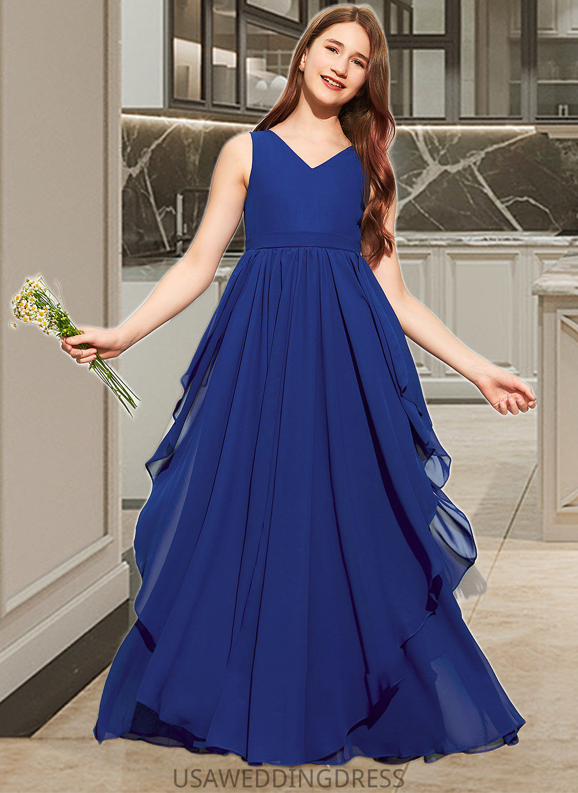 Nydia A-Line V-neck Floor-Length Chiffon Junior Bridesmaid Dress With Cascading Ruffles DSP0013381