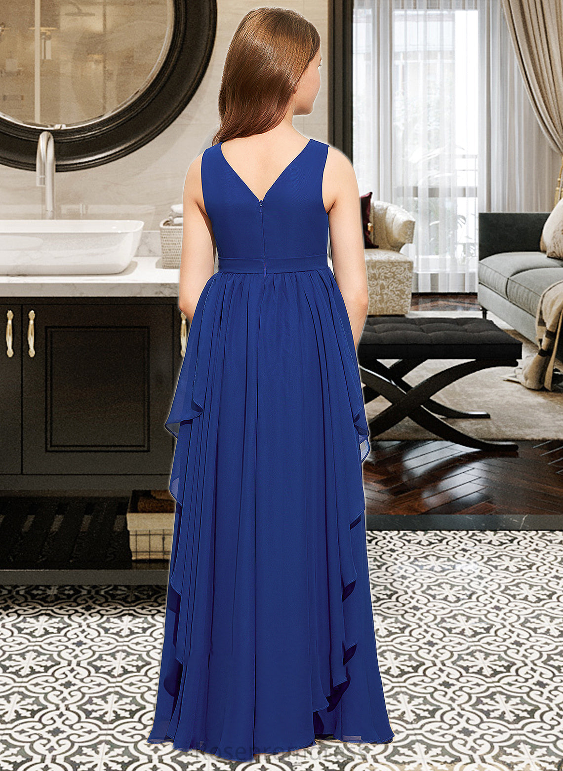 Karma A-Line V-neck Floor-Length Chiffon Junior Bridesmaid Dress With Cascading Ruffles SRSP0013381