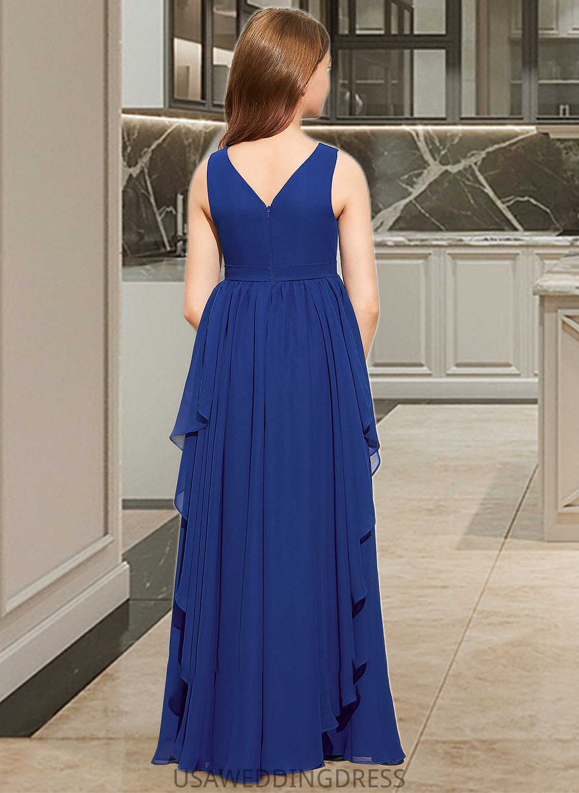 Nydia A-Line V-neck Floor-Length Chiffon Junior Bridesmaid Dress With Cascading Ruffles DSP0013381