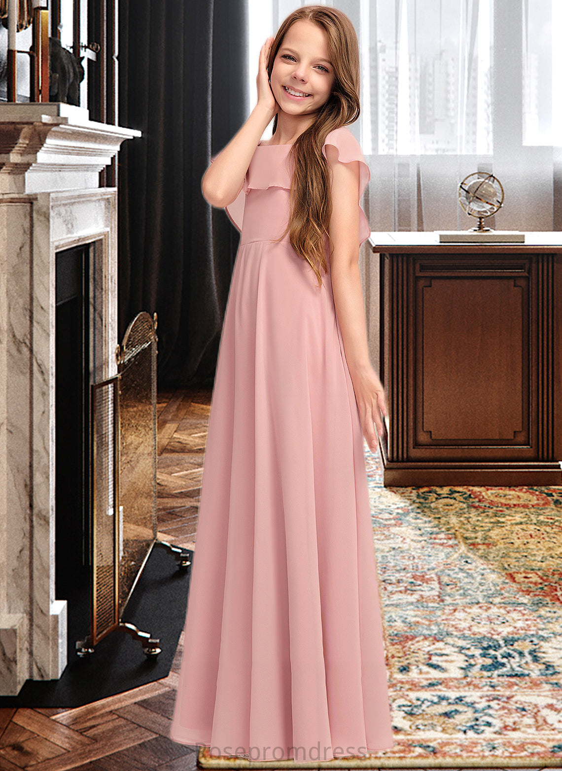 Kaya A-Line Scoop Neck Floor-Length Chiffon Junior Bridesmaid Dress With Cascading Ruffles SRSP0013382