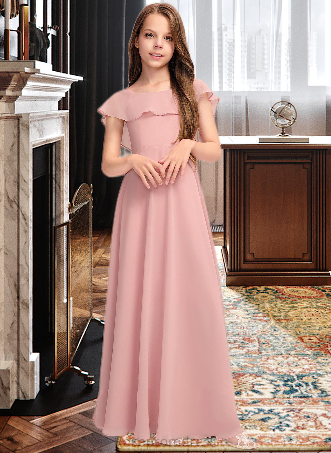 Kaya A-Line Scoop Neck Floor-Length Chiffon Junior Bridesmaid Dress With Cascading Ruffles SRSP0013382