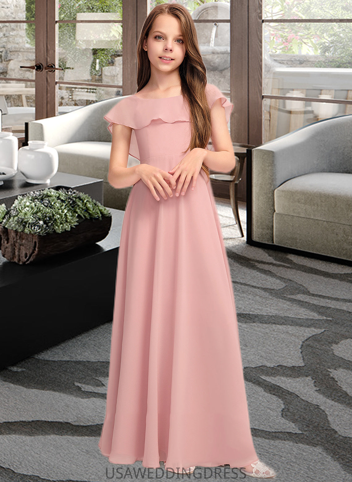 Leia A-Line Scoop Neck Floor-Length Chiffon Junior Bridesmaid Dress With Cascading Ruffles DSP0013382