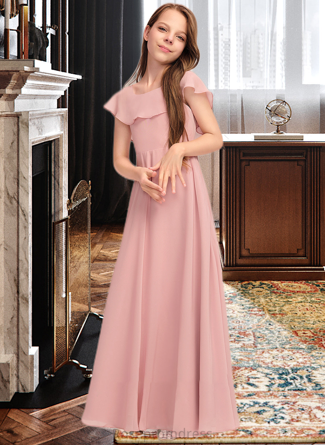 Kaya A-Line Scoop Neck Floor-Length Chiffon Junior Bridesmaid Dress With Cascading Ruffles SRSP0013382