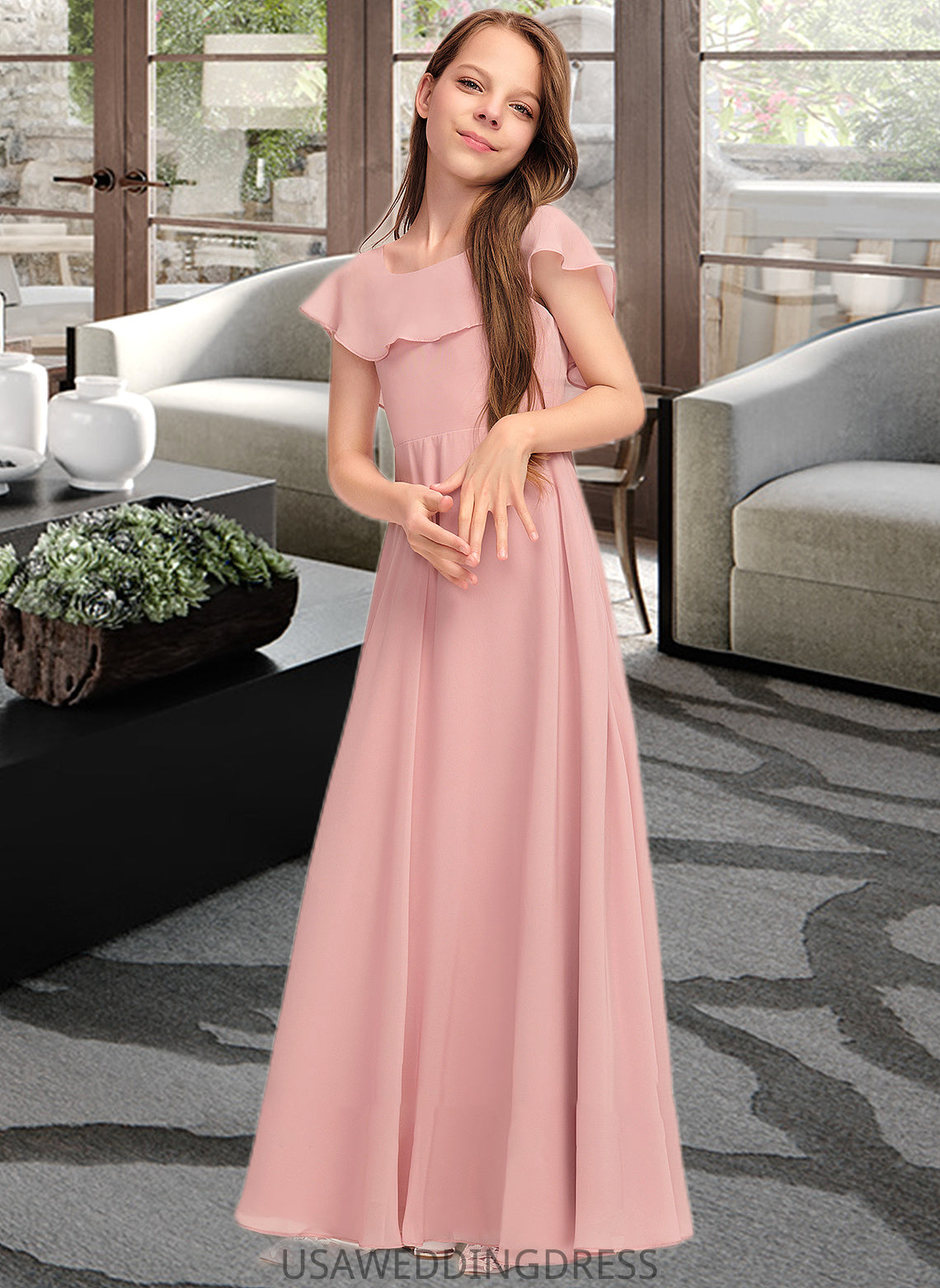 Leia A-Line Scoop Neck Floor-Length Chiffon Junior Bridesmaid Dress With Cascading Ruffles DSP0013382