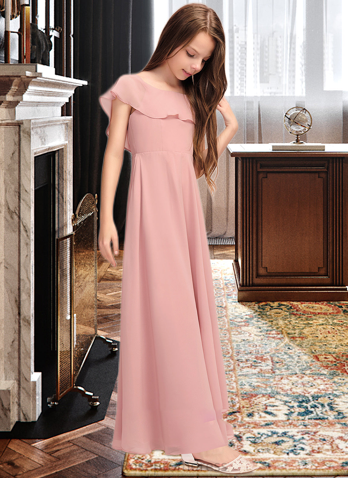 Kaya A-Line Scoop Neck Floor-Length Chiffon Junior Bridesmaid Dress With Cascading Ruffles SRSP0013382