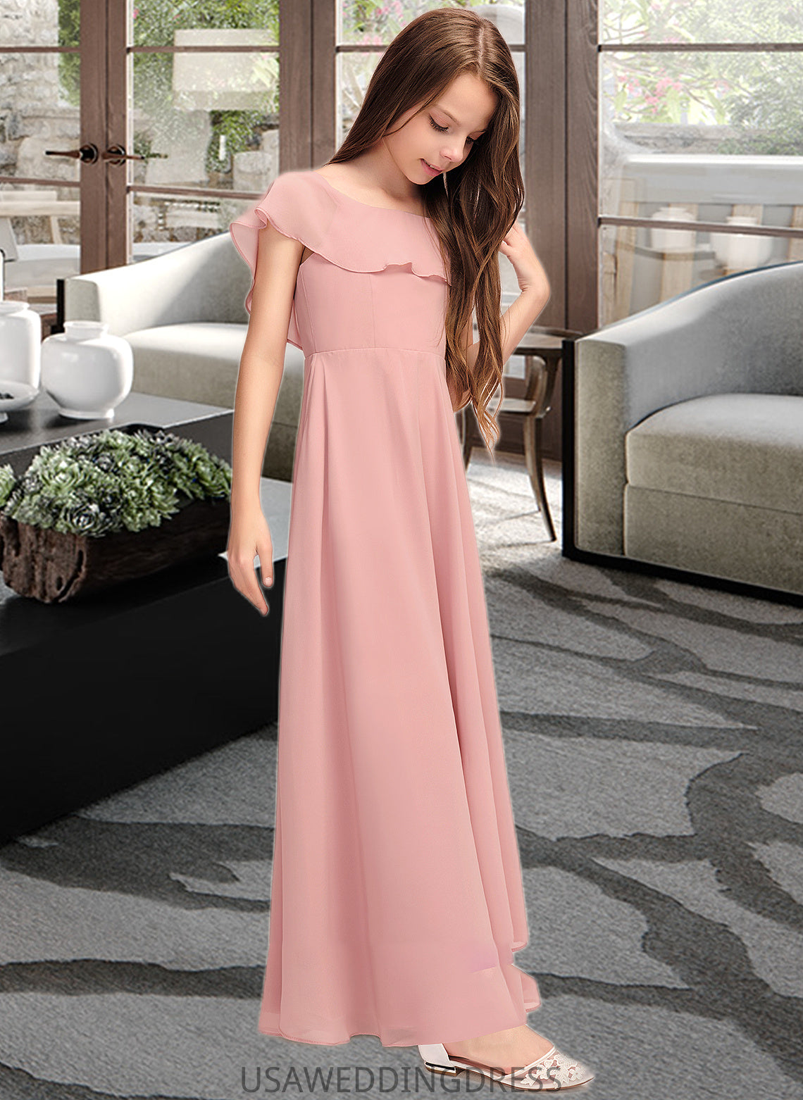 Leia A-Line Scoop Neck Floor-Length Chiffon Junior Bridesmaid Dress With Cascading Ruffles DSP0013382