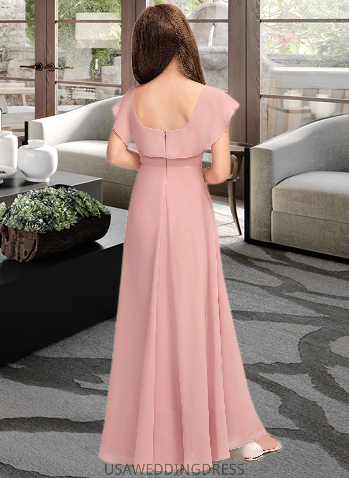 Leia A-Line Scoop Neck Floor-Length Chiffon Junior Bridesmaid Dress With Cascading Ruffles DSP0013382