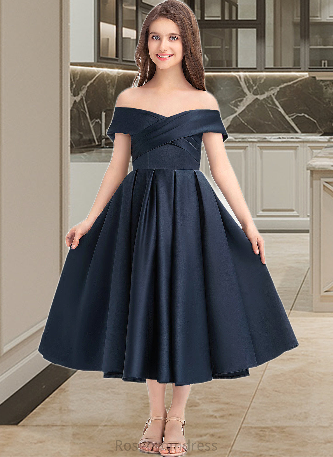 Carissa A-Line Off-the-Shoulder Tea-Length Satin Junior Bridesmaid Dress With Ruffle Pockets SRSP0013383