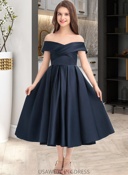 Erica A-Line Off-the-Shoulder Tea-Length Satin Junior Bridesmaid Dress With Ruffle Pockets DSP0013383