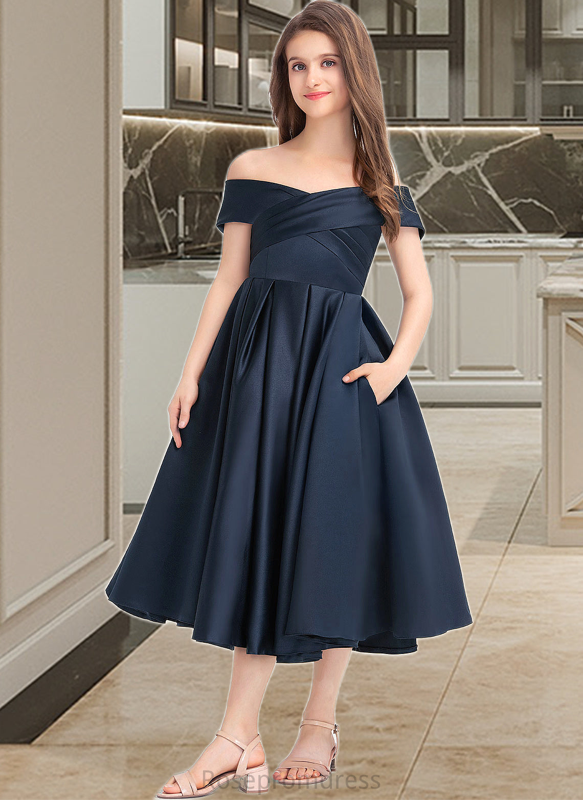 Carissa A-Line Off-the-Shoulder Tea-Length Satin Junior Bridesmaid Dress With Ruffle Pockets SRSP0013383