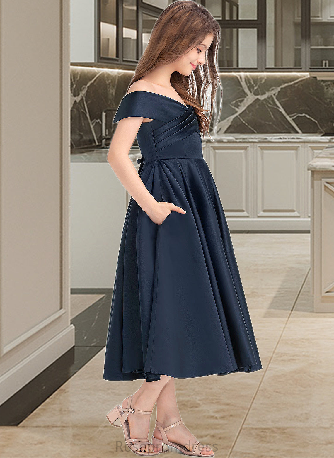 Carissa A-Line Off-the-Shoulder Tea-Length Satin Junior Bridesmaid Dress With Ruffle Pockets SRSP0013383