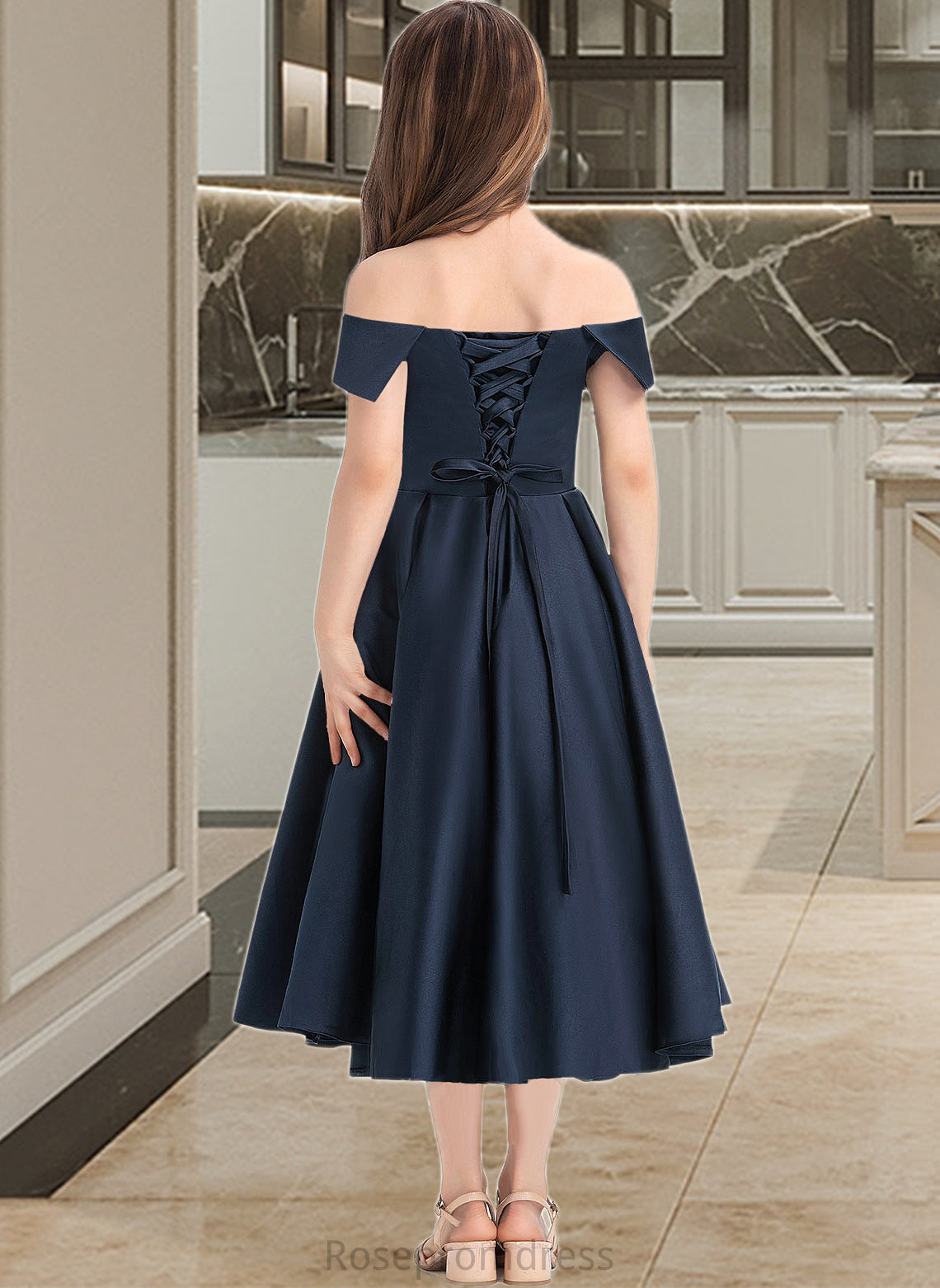 Carissa A-Line Off-the-Shoulder Tea-Length Satin Junior Bridesmaid Dress With Ruffle Pockets SRSP0013383