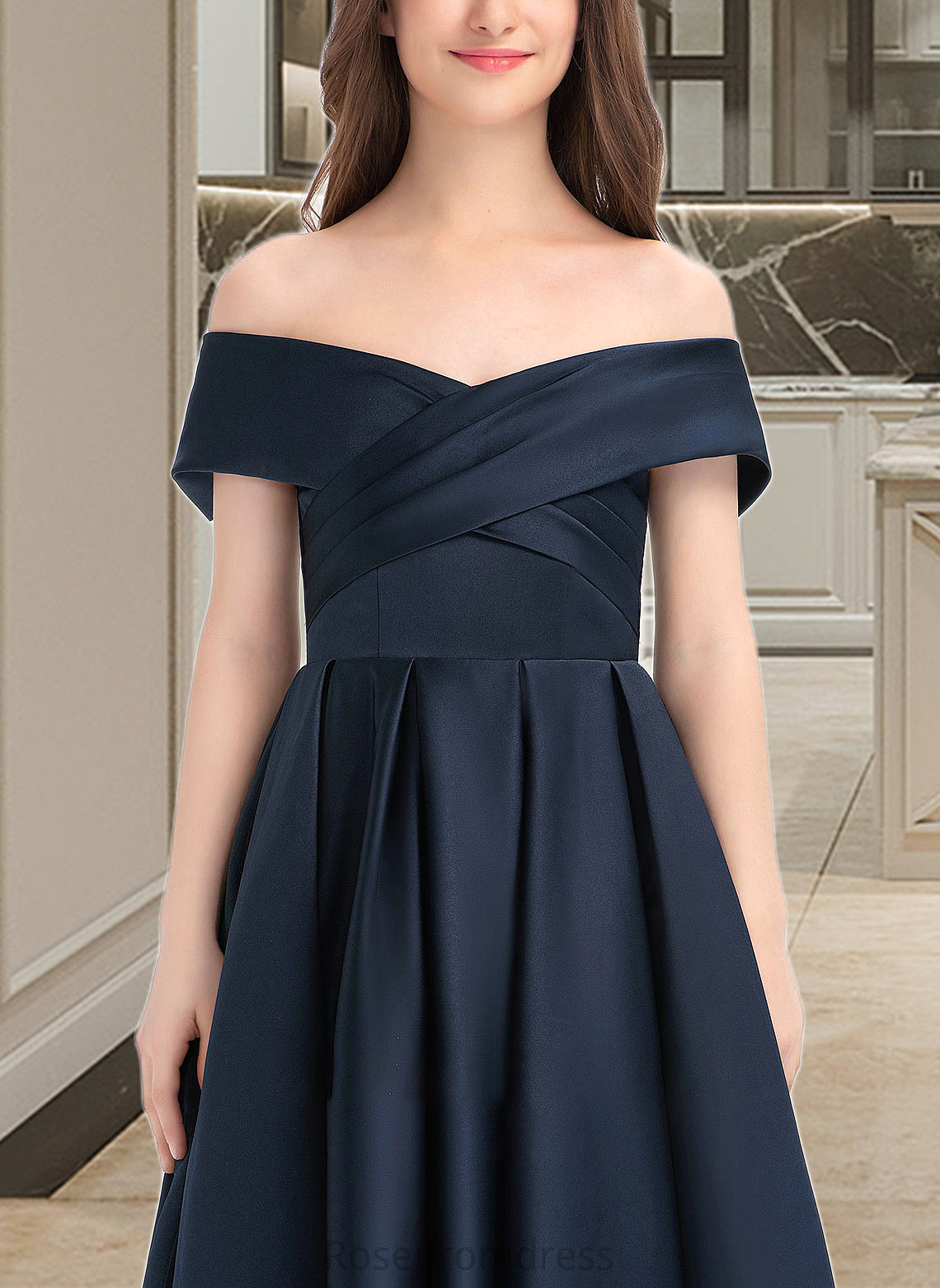 Carissa A-Line Off-the-Shoulder Tea-Length Satin Junior Bridesmaid Dress With Ruffle Pockets SRSP0013383