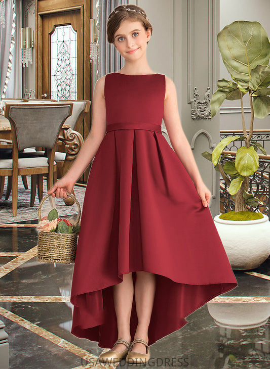 Areli A-Line Scoop Neck Asymmetrical Satin Junior Bridesmaid Dress With Ruffle Pockets DSP0013385