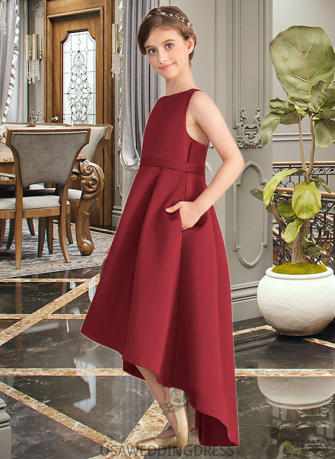 Areli A-Line Scoop Neck Asymmetrical Satin Junior Bridesmaid Dress With Ruffle Pockets DSP0013385