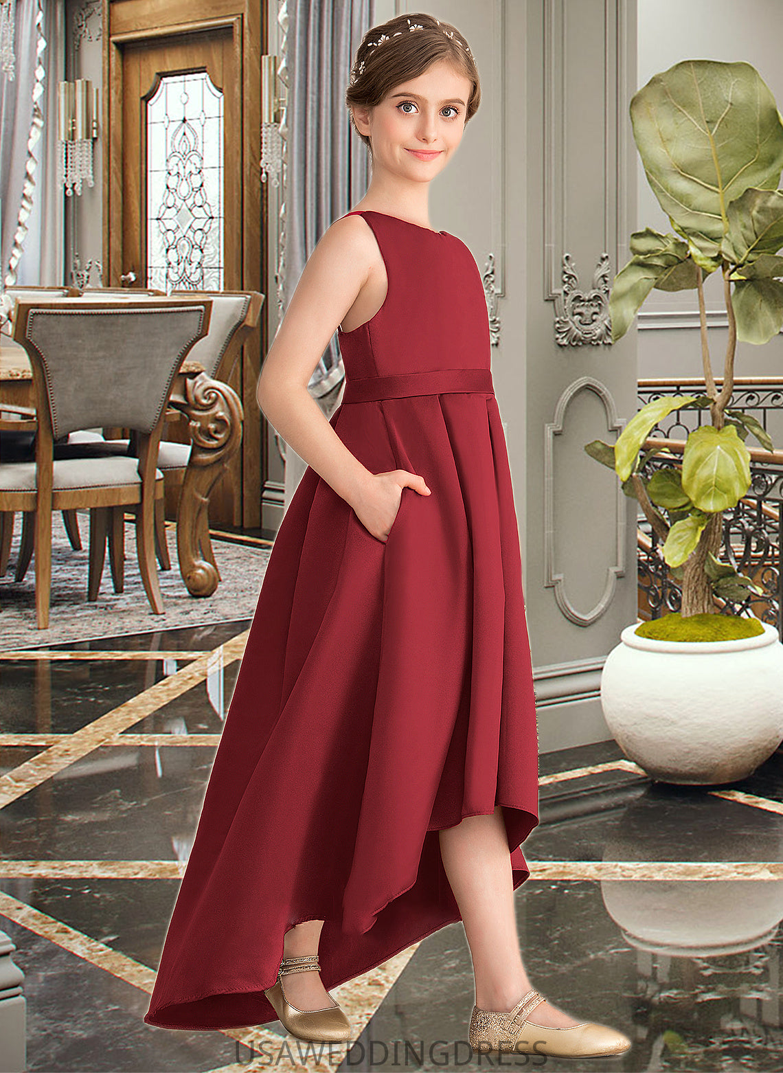 Areli A-Line Scoop Neck Asymmetrical Satin Junior Bridesmaid Dress With Ruffle Pockets DSP0013385