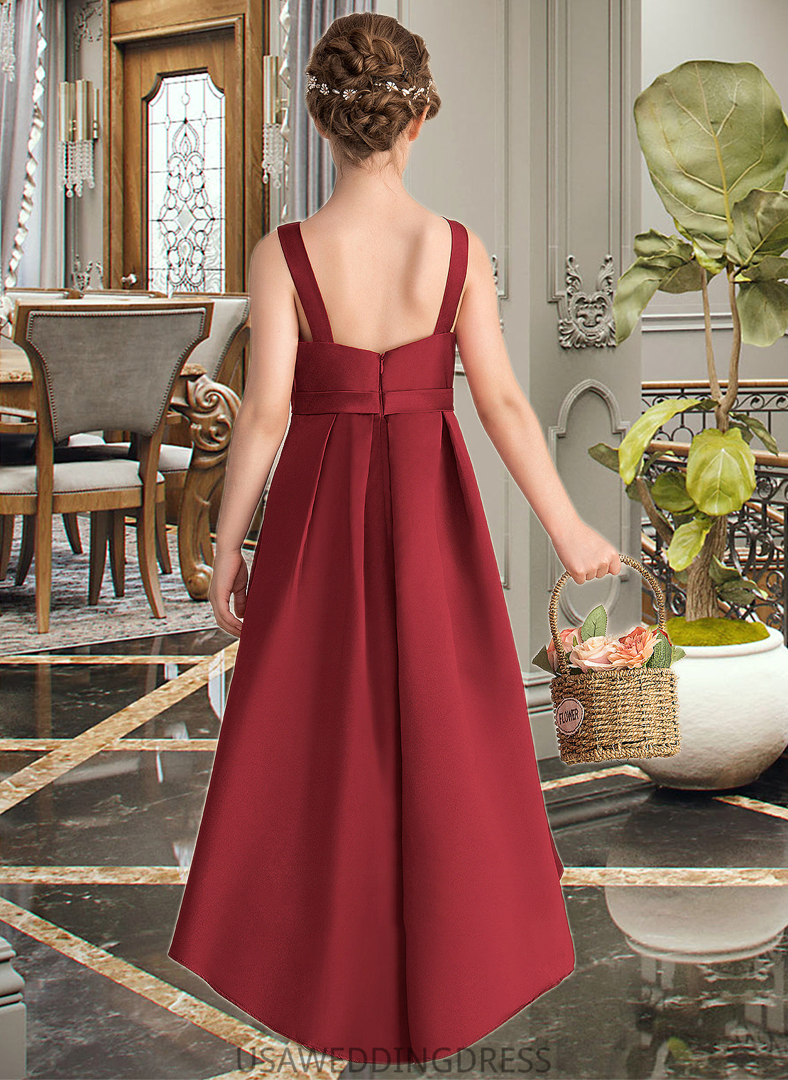 Areli A-Line Scoop Neck Asymmetrical Satin Junior Bridesmaid Dress With Ruffle Pockets DSP0013385