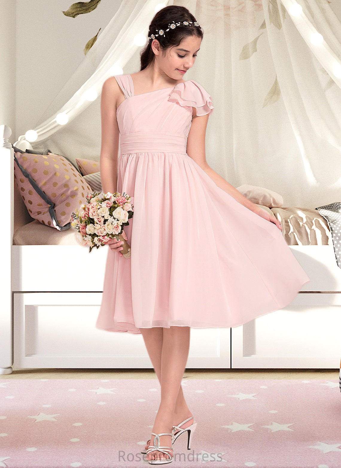 Brielle A-Line V-neck Knee-Length Chiffon Junior Bridesmaid Dress With Cascading Ruffles SRSP0013386