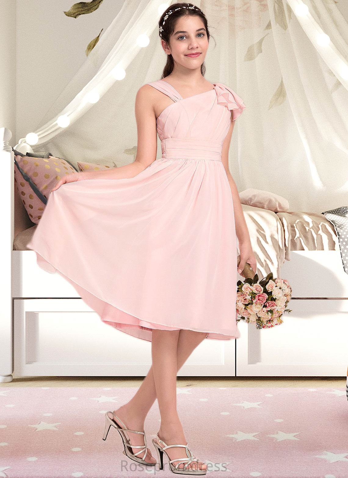 Brielle A-Line V-neck Knee-Length Chiffon Junior Bridesmaid Dress With Cascading Ruffles SRSP0013386