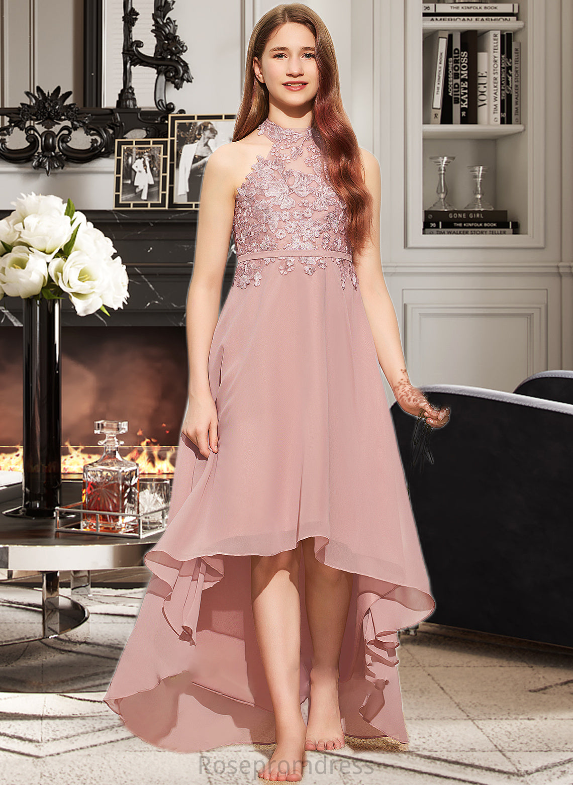 Kaia A-Line Scoop Neck Asymmetrical Chiffon Lace Junior Bridesmaid Dress SRSP0013388