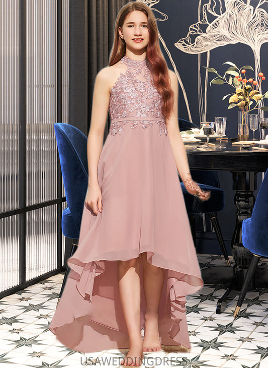 Kylee A-Line Scoop Neck Asymmetrical Chiffon Lace Junior Bridesmaid Dress DSP0013388