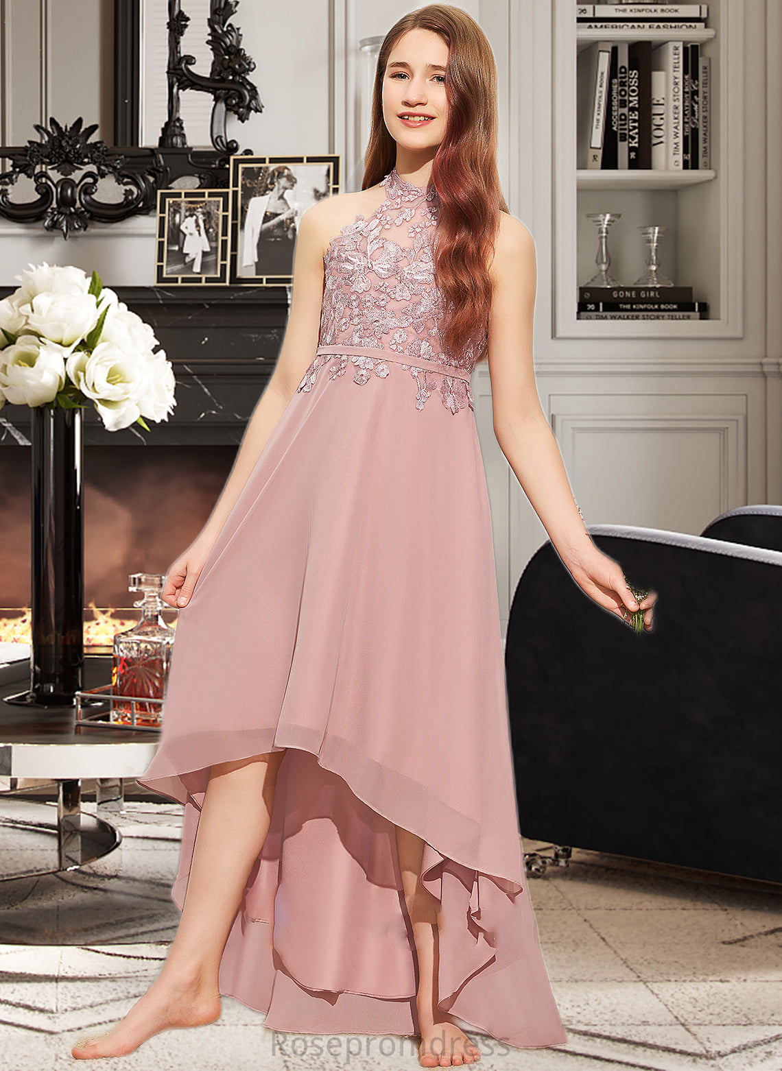 Kaia A-Line Scoop Neck Asymmetrical Chiffon Lace Junior Bridesmaid Dress SRSP0013388