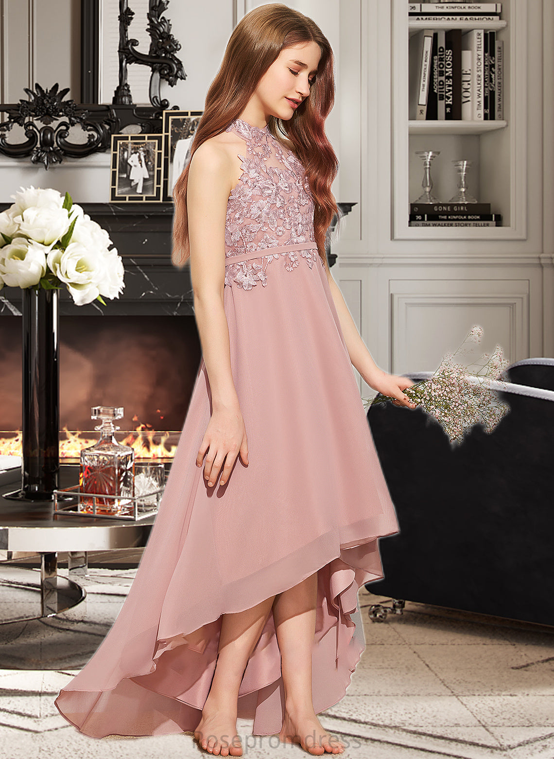 Kaia A-Line Scoop Neck Asymmetrical Chiffon Lace Junior Bridesmaid Dress SRSP0013388