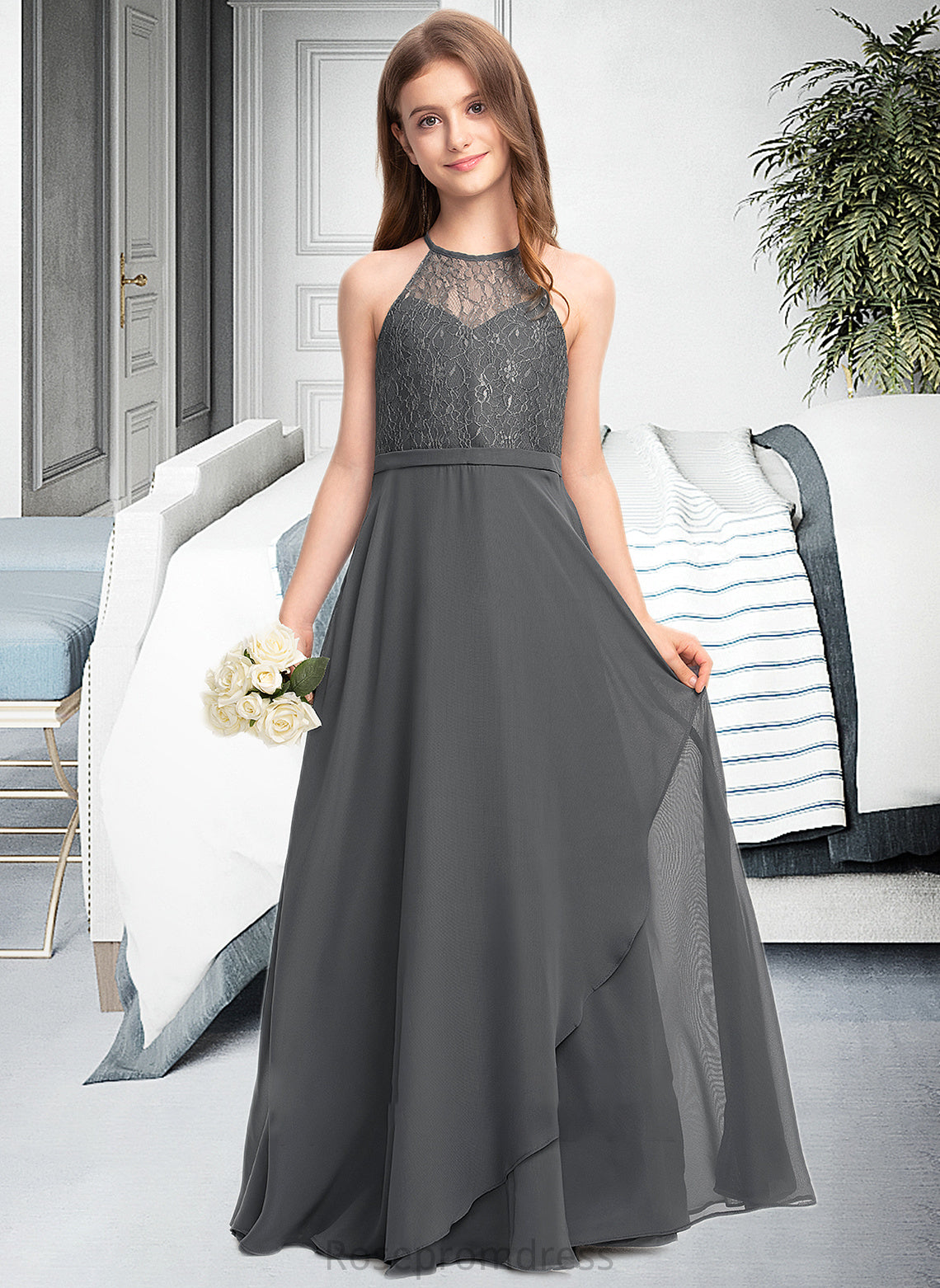 Caitlin A-Line Scoop Neck Floor-Length Chiffon Lace Junior Bridesmaid Dress With Cascading Ruffles SRSP0013389