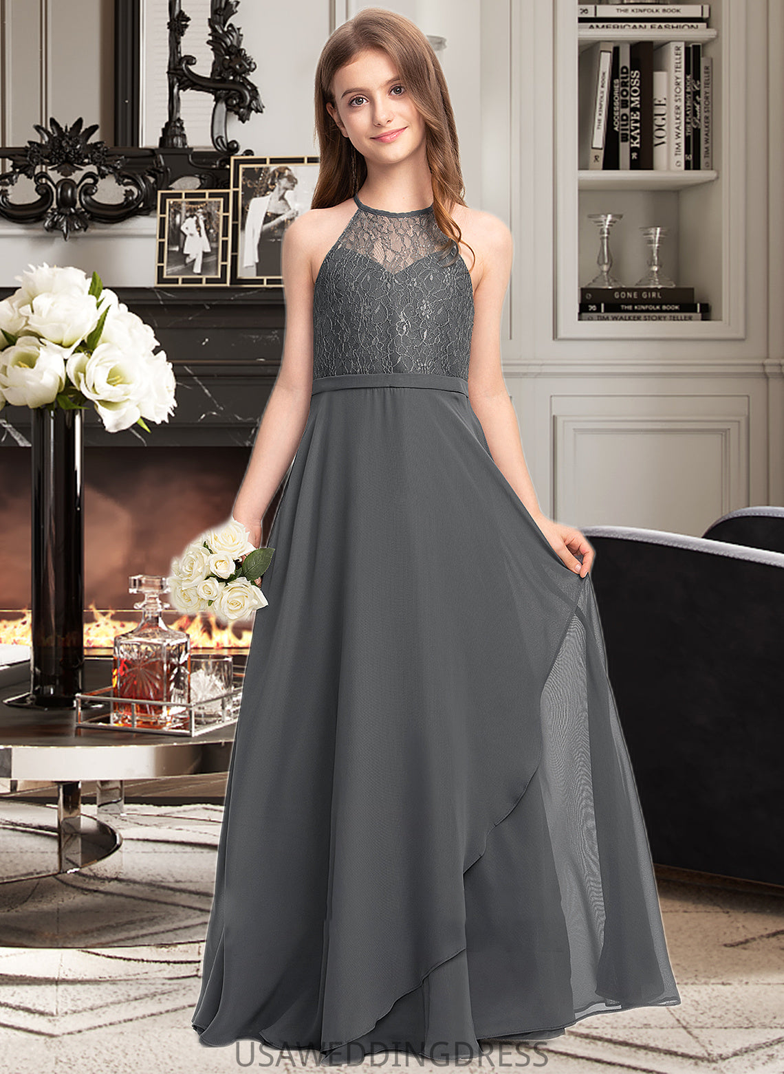 Jayden A-Line Scoop Neck Floor-Length Chiffon Lace Junior Bridesmaid Dress With Cascading Ruffles DSP0013389