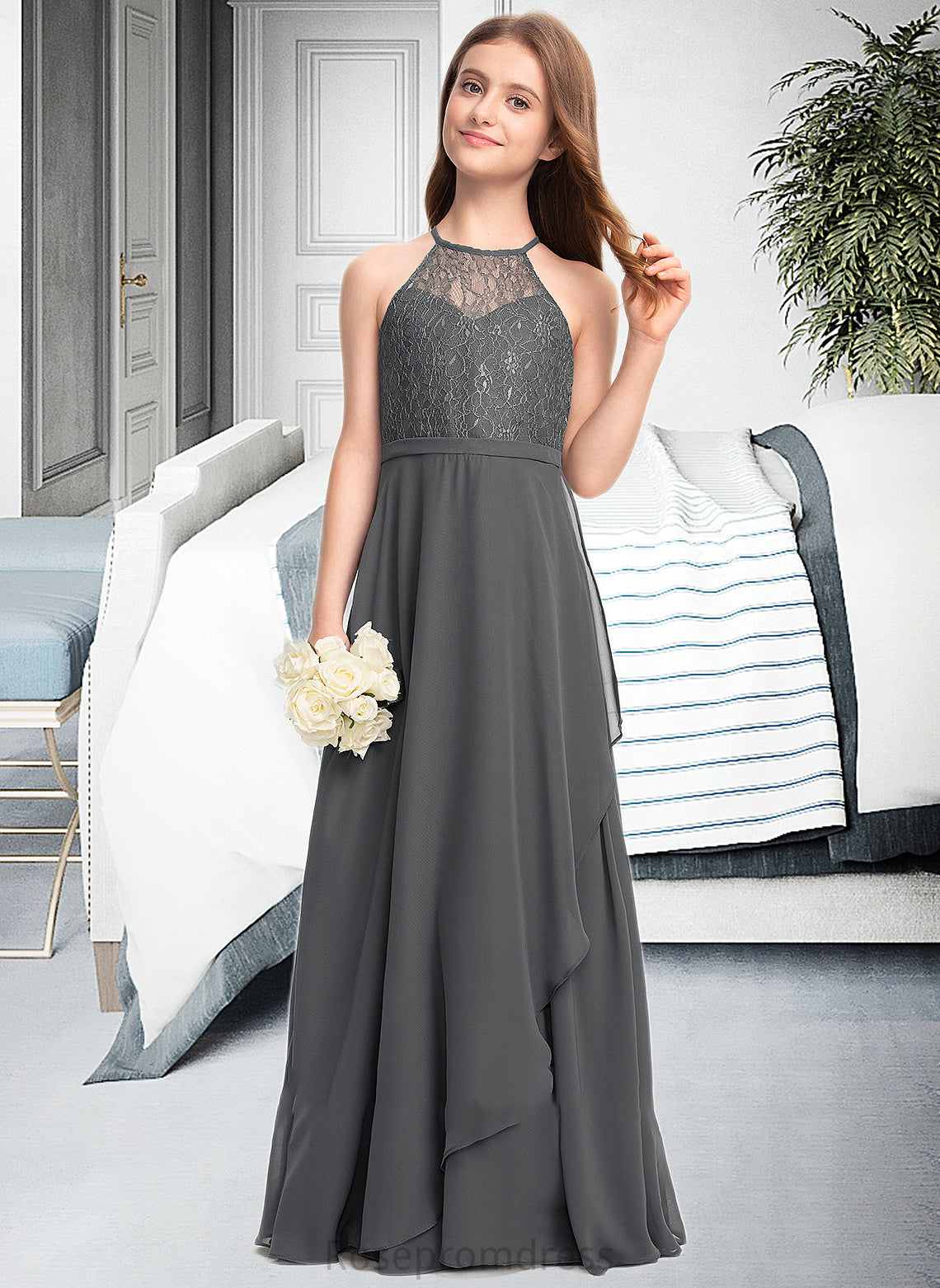 Caitlin A-Line Scoop Neck Floor-Length Chiffon Lace Junior Bridesmaid Dress With Cascading Ruffles SRSP0013389