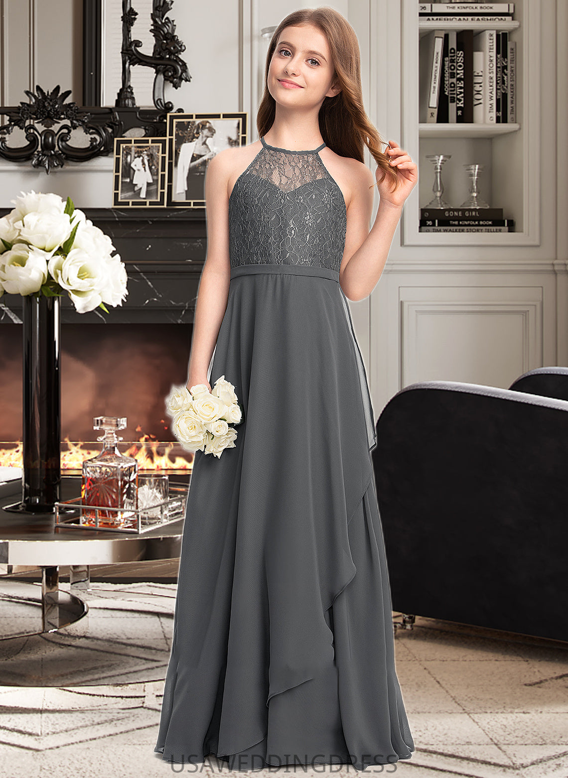 Jayden A-Line Scoop Neck Floor-Length Chiffon Lace Junior Bridesmaid Dress With Cascading Ruffles DSP0013389