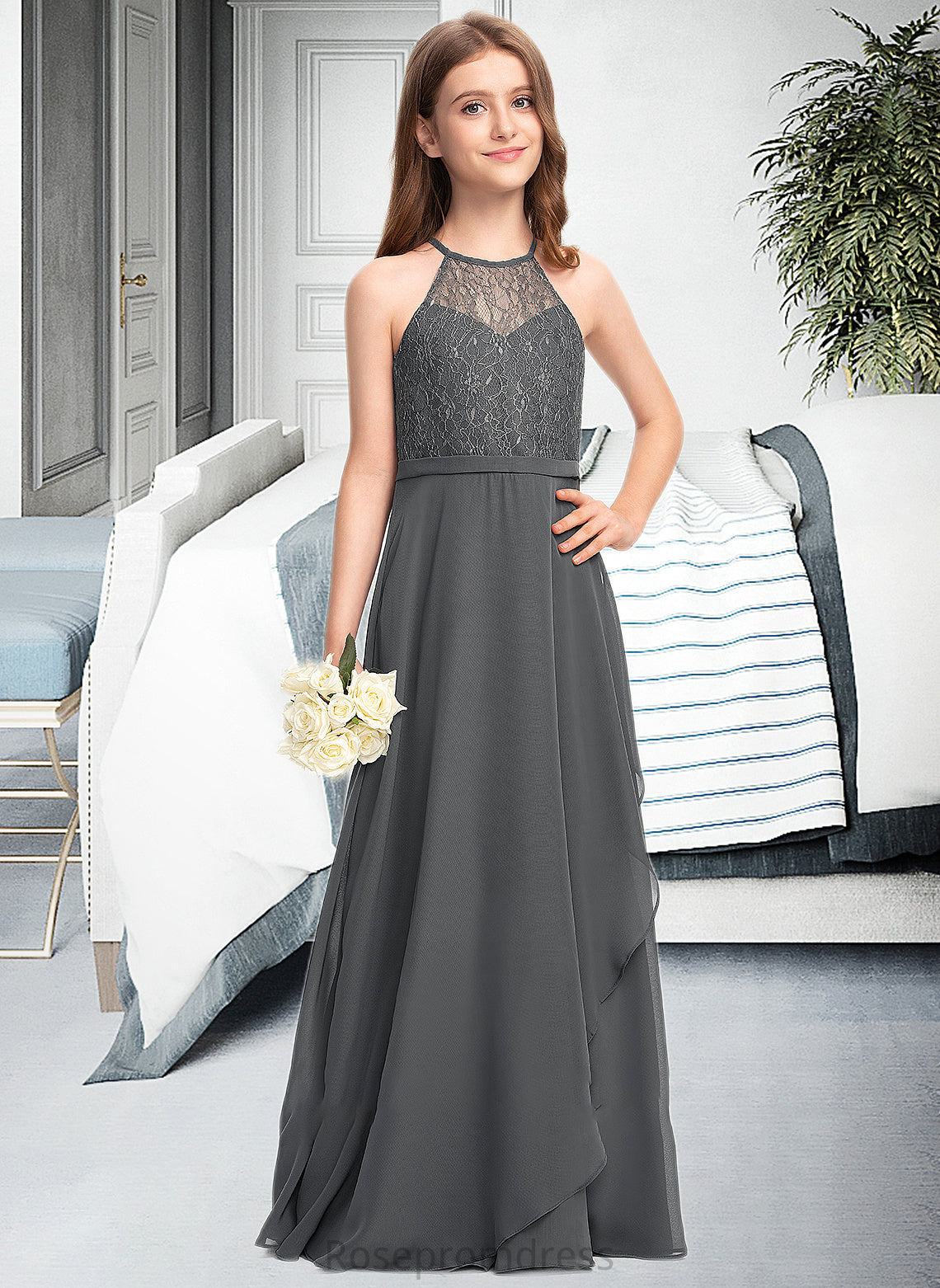 Caitlin A-Line Scoop Neck Floor-Length Chiffon Lace Junior Bridesmaid Dress With Cascading Ruffles SRSP0013389