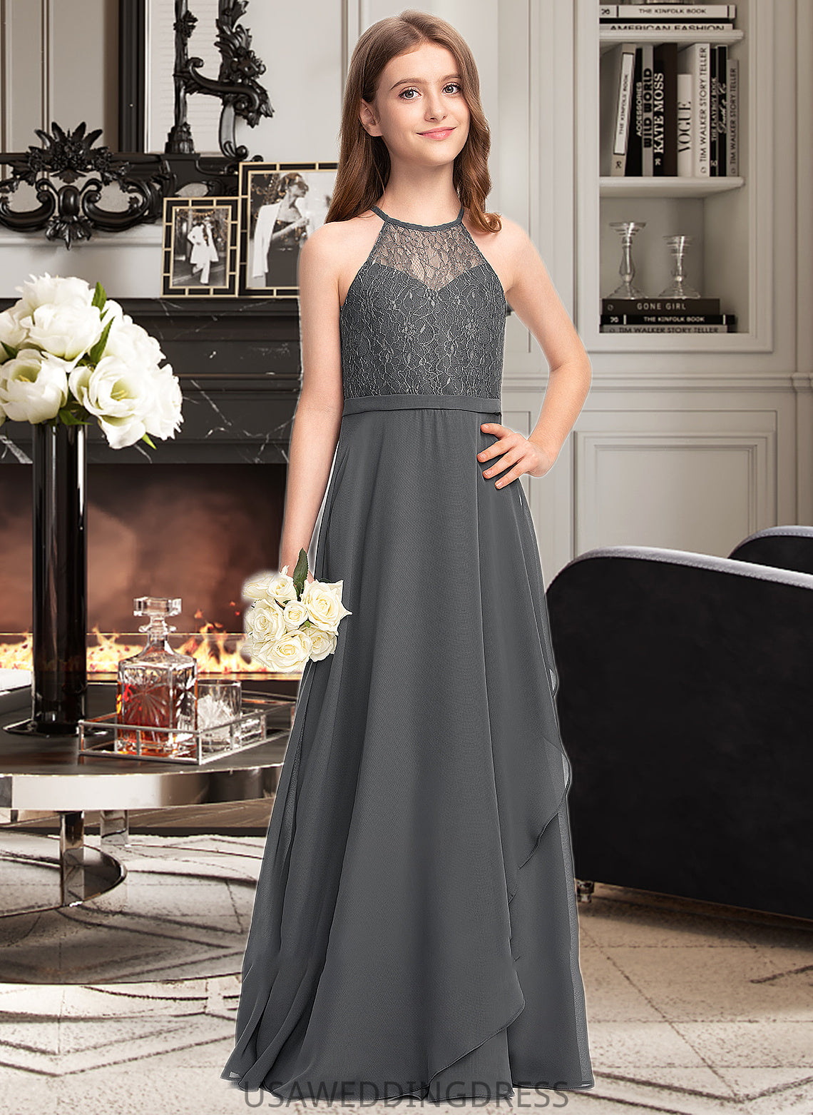 Jayden A-Line Scoop Neck Floor-Length Chiffon Lace Junior Bridesmaid Dress With Cascading Ruffles DSP0013389