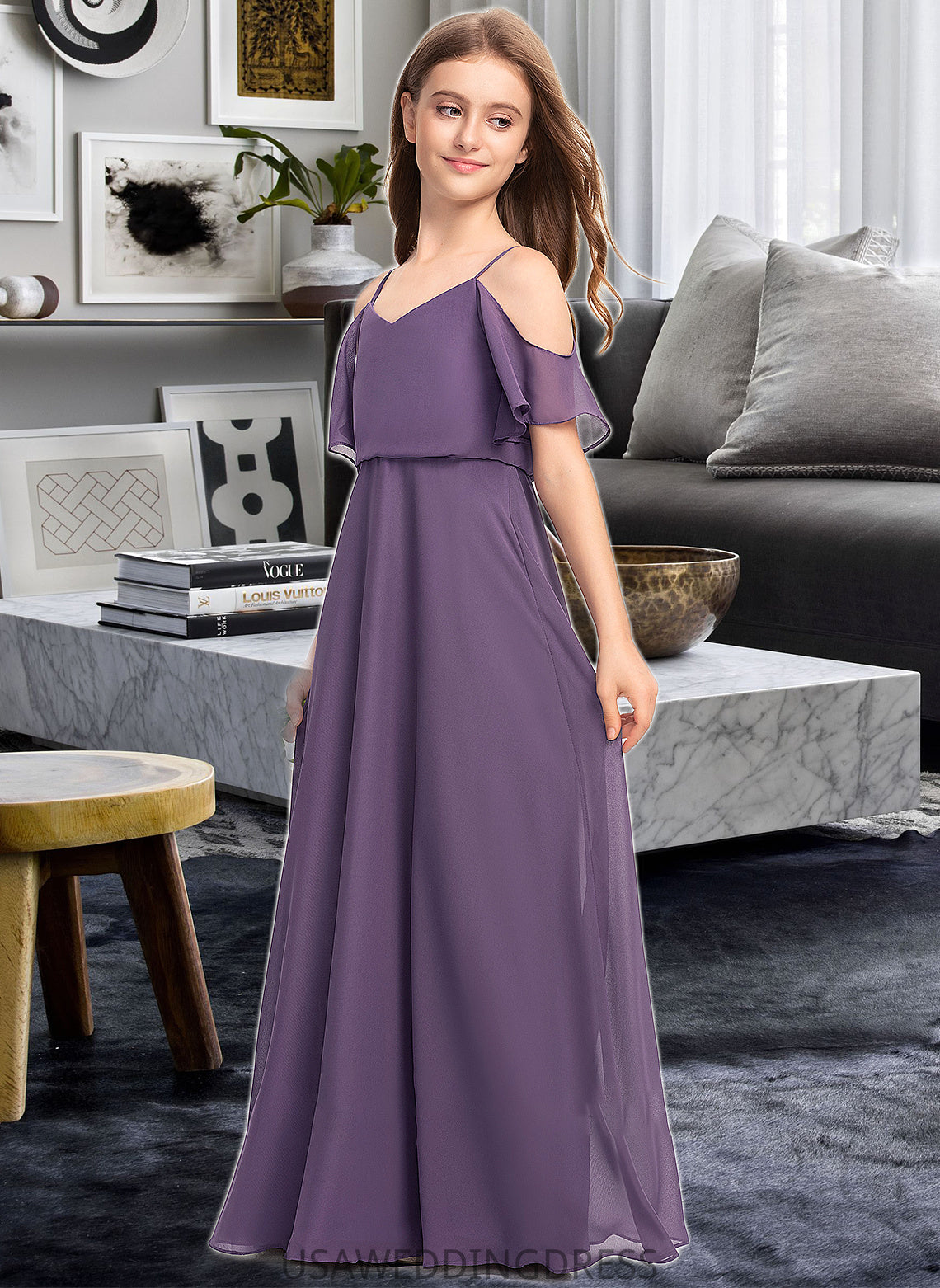 Alessandra A-Line V-neck Floor-Length Chiffon Junior Bridesmaid Dress DSP0013390