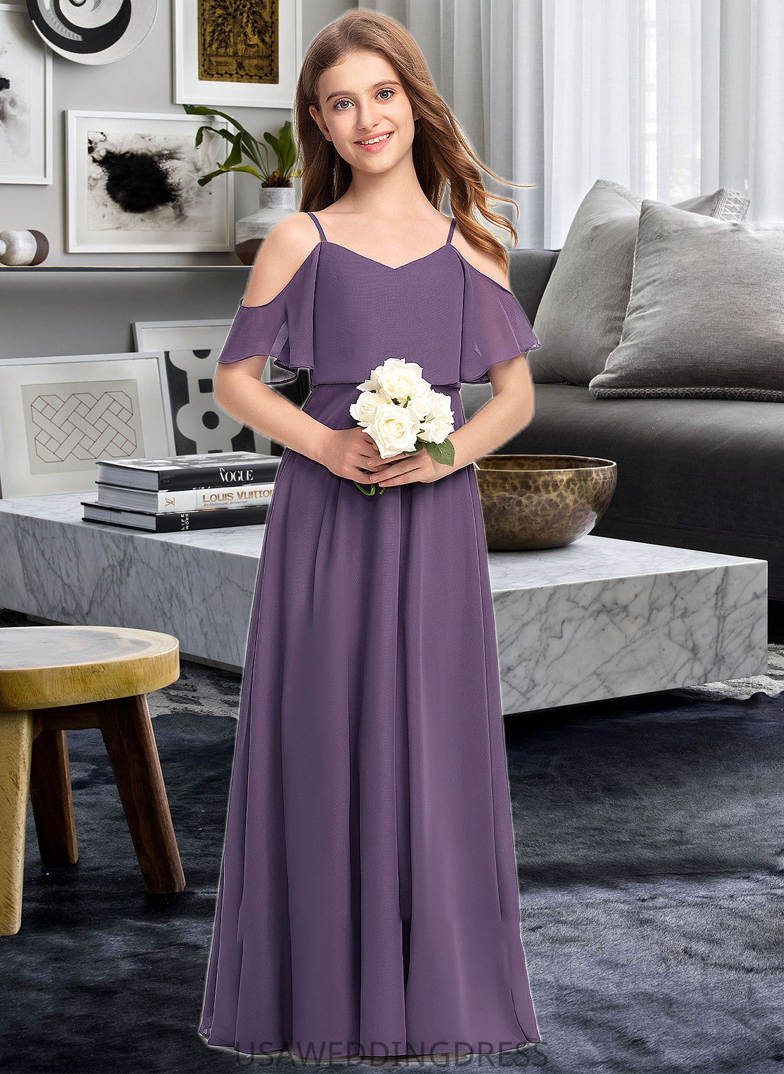 Alessandra A-Line V-neck Floor-Length Chiffon Junior Bridesmaid Dress DSP0013390