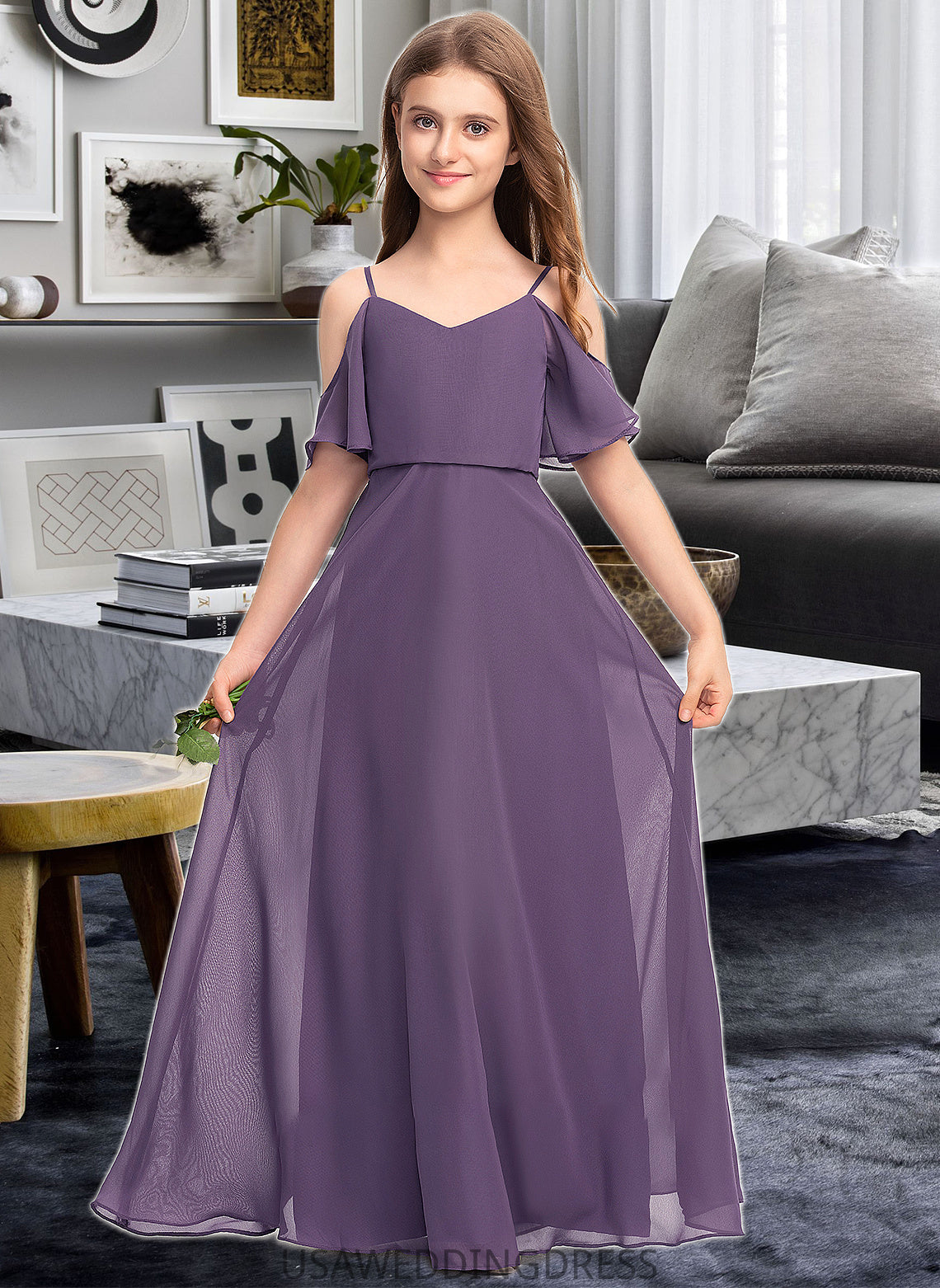 Alessandra A-Line V-neck Floor-Length Chiffon Junior Bridesmaid Dress DSP0013390