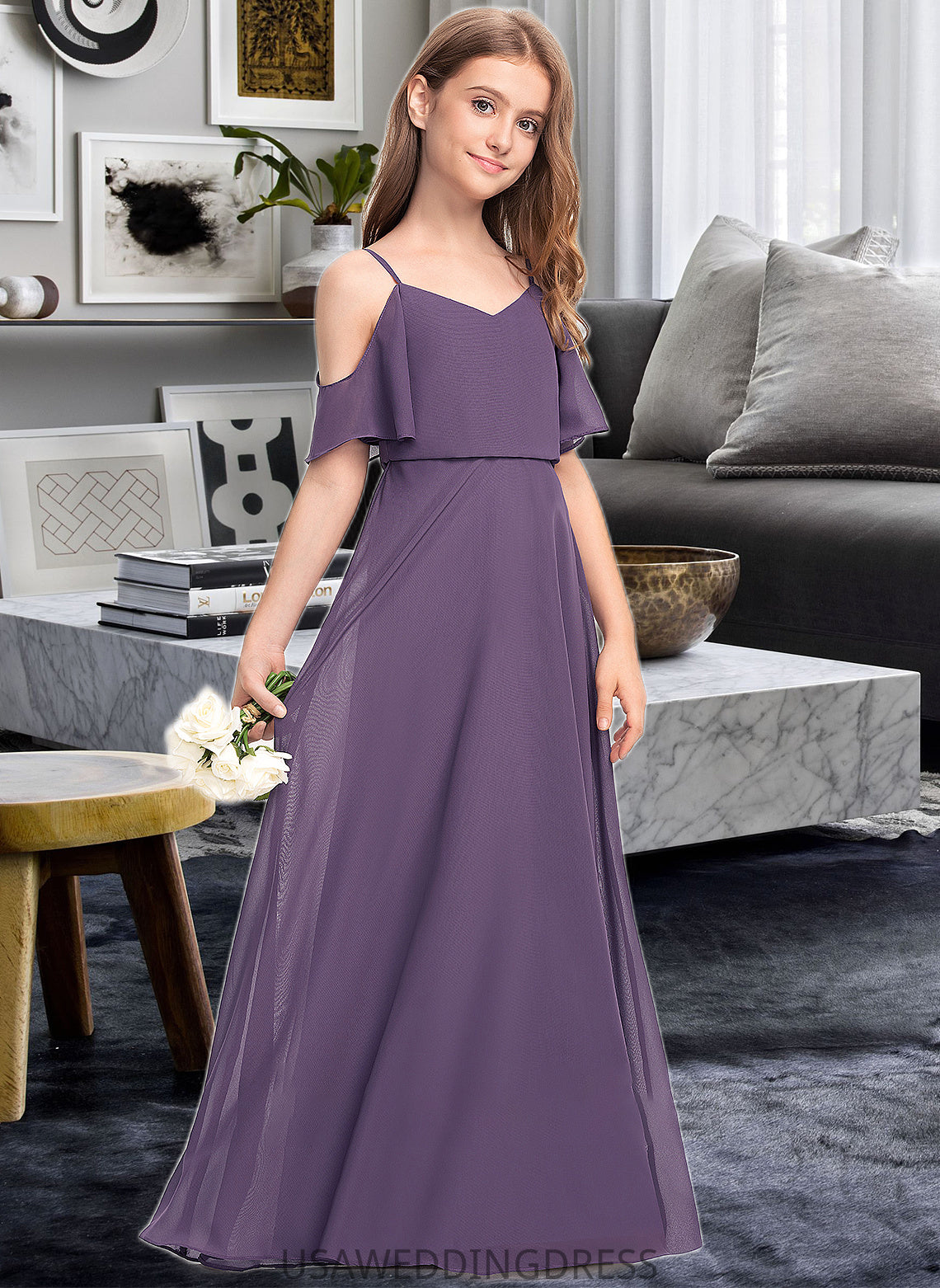 Alessandra A-Line V-neck Floor-Length Chiffon Junior Bridesmaid Dress DSP0013390