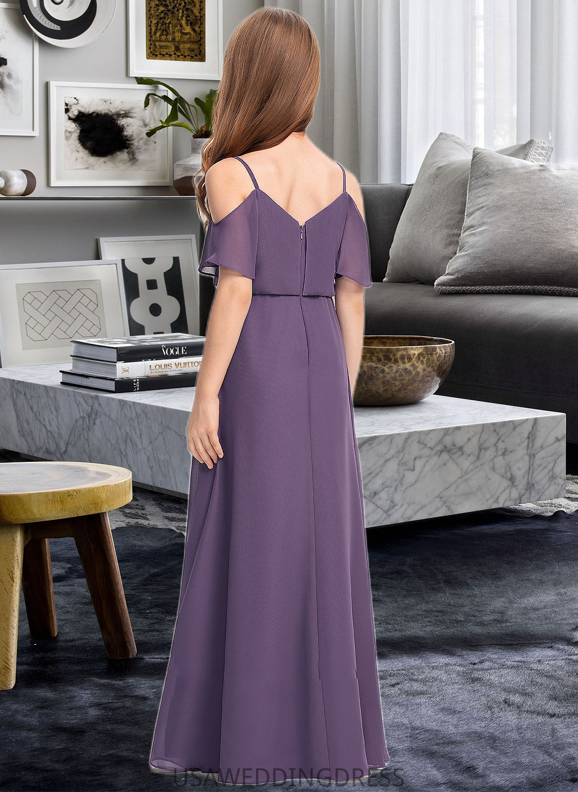 Alessandra A-Line V-neck Floor-Length Chiffon Junior Bridesmaid Dress DSP0013390