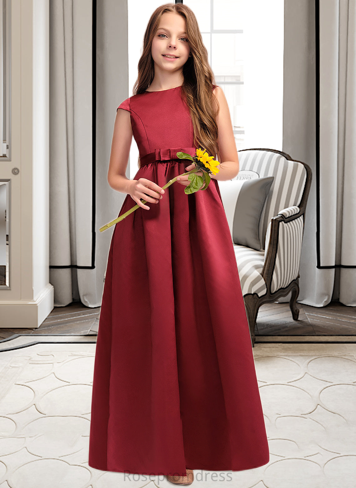 Marisa A-Line Scoop Neck Floor-Length Satin Junior Bridesmaid Dress With Bow(s) Pockets SRSP0013391