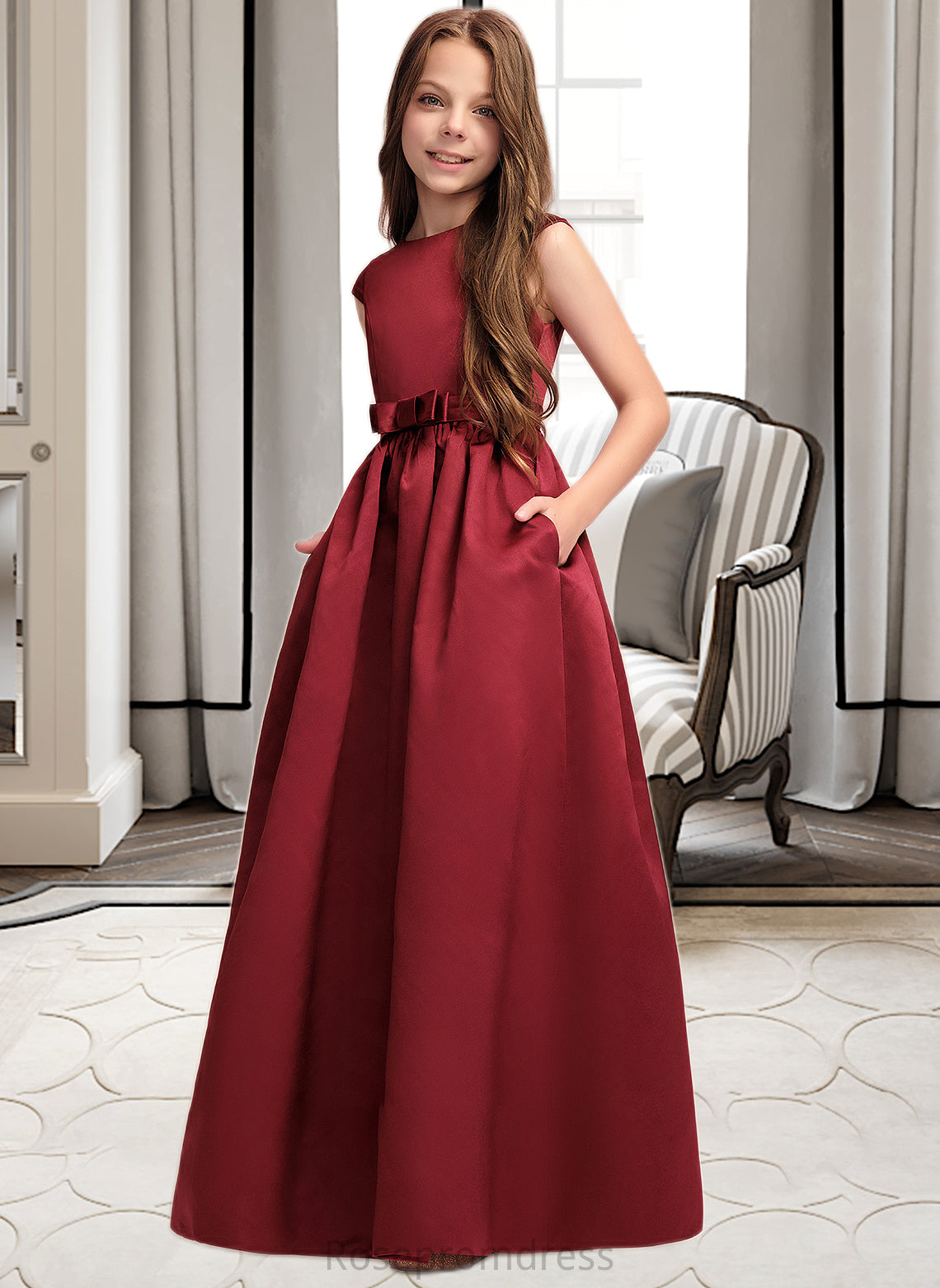 Marisa A-Line Scoop Neck Floor-Length Satin Junior Bridesmaid Dress With Bow(s) Pockets SRSP0013391