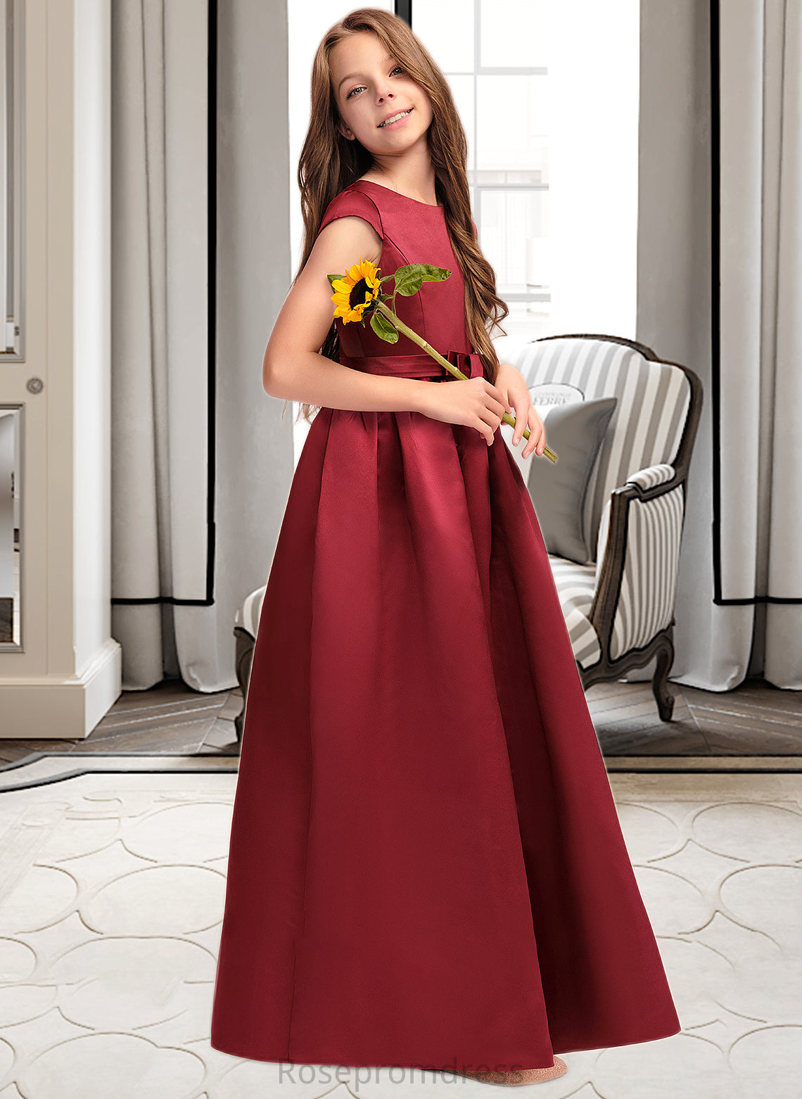 Marisa A-Line Scoop Neck Floor-Length Satin Junior Bridesmaid Dress With Bow(s) Pockets SRSP0013391