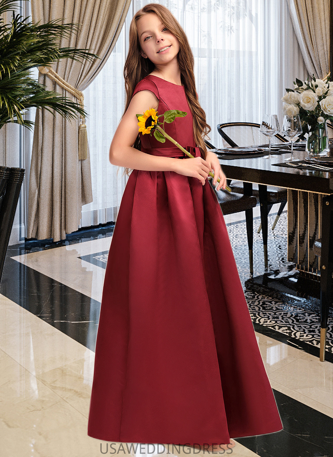 Mabel A-Line Scoop Neck Floor-Length Satin Junior Bridesmaid Dress With Bow(s) Pockets DSP0013391