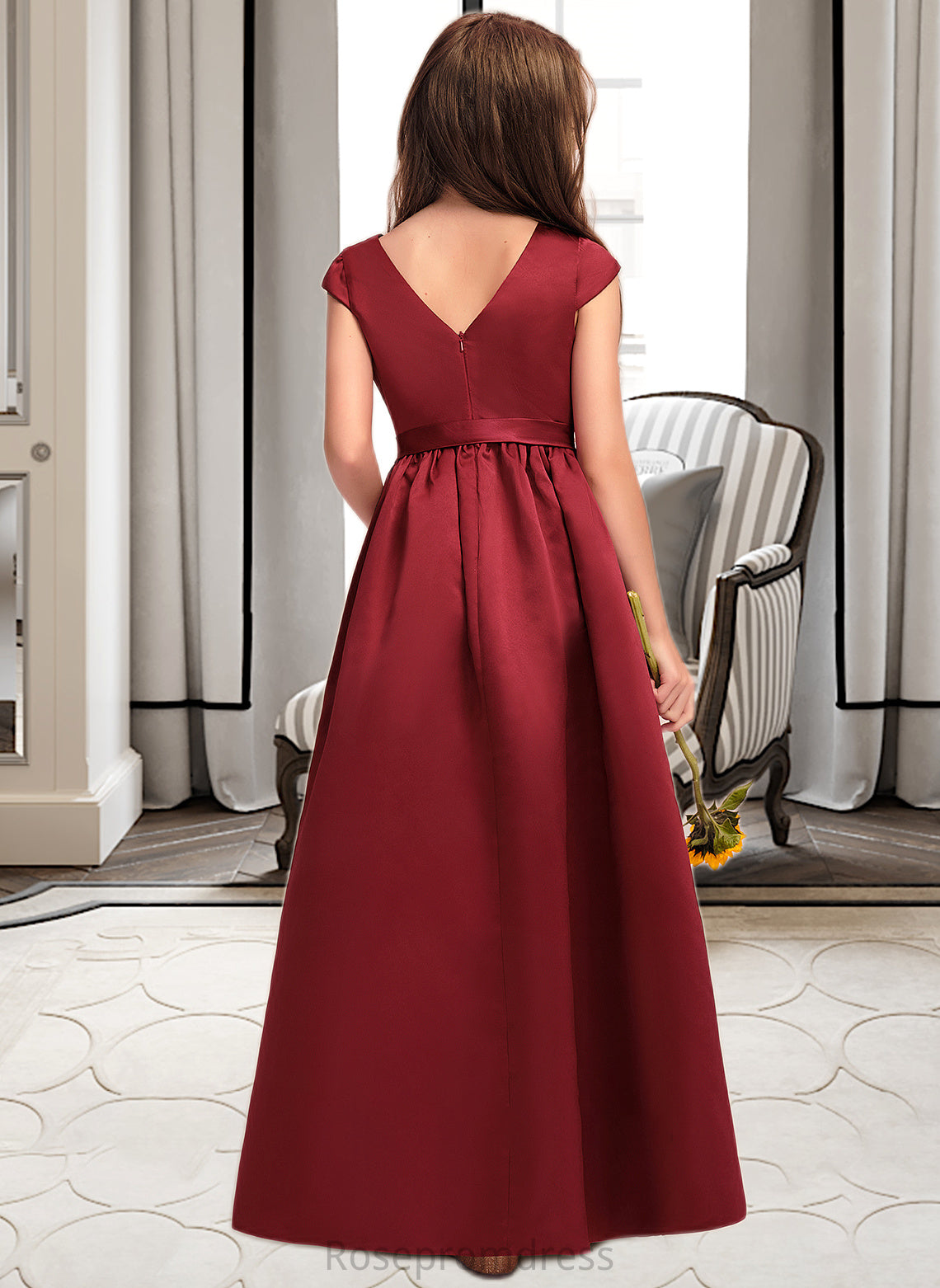 Marisa A-Line Scoop Neck Floor-Length Satin Junior Bridesmaid Dress With Bow(s) Pockets SRSP0013391