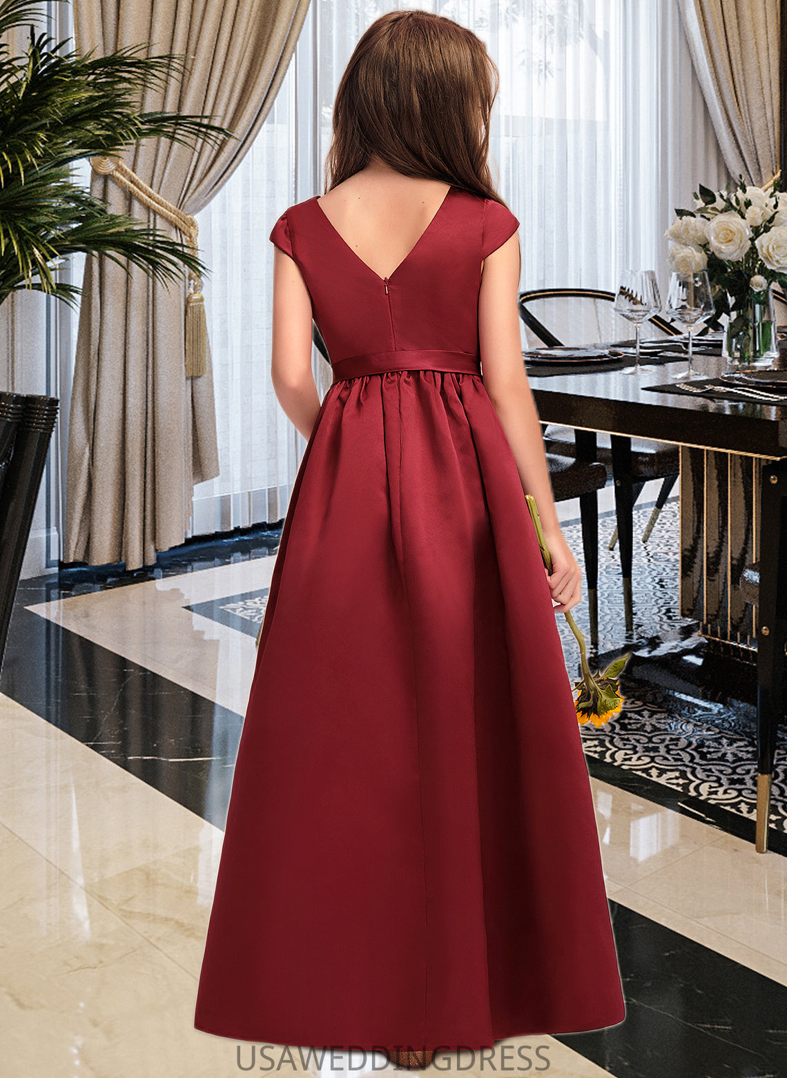 Mabel A-Line Scoop Neck Floor-Length Satin Junior Bridesmaid Dress With Bow(s) Pockets DSP0013391