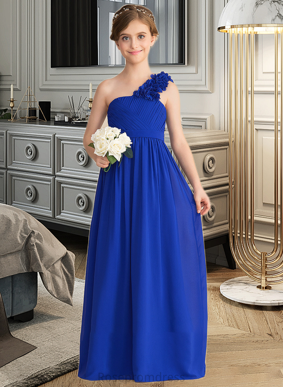 Lia A-Line One-Shoulder Floor-Length Chiffon Junior Bridesmaid Dress With Ruffle Flower(s) SRSP0013393