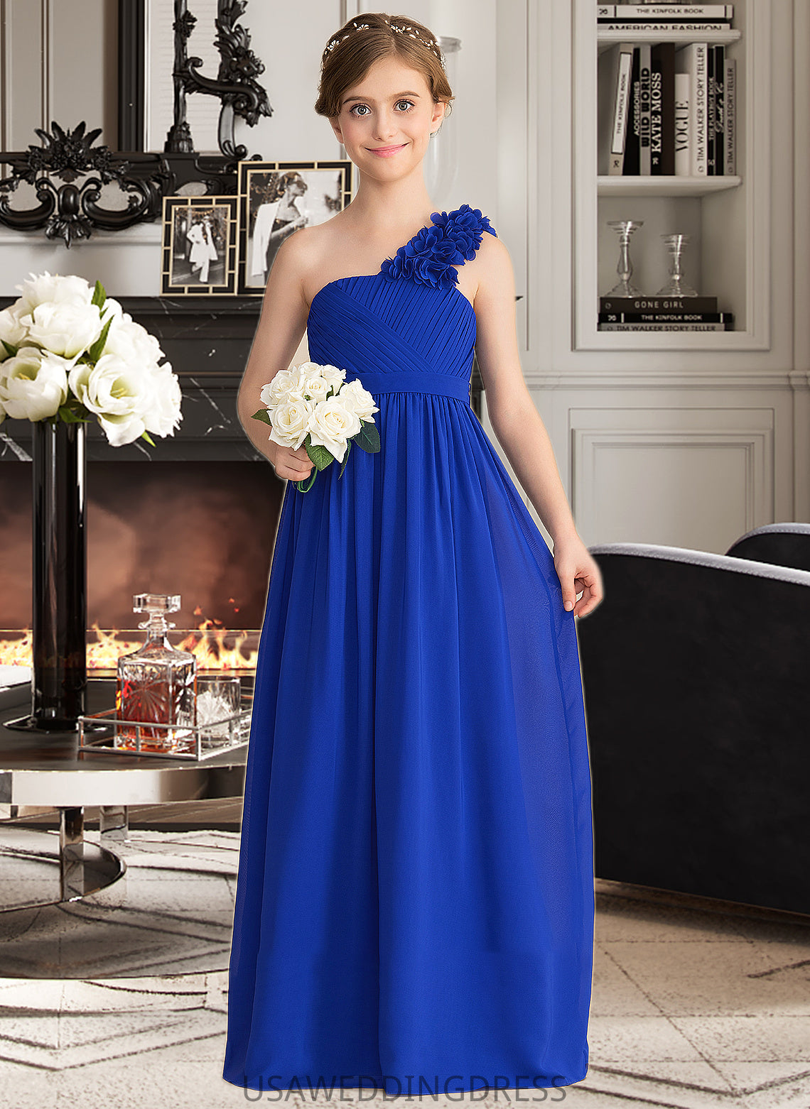 Tabitha A-Line One-Shoulder Floor-Length Chiffon Junior Bridesmaid Dress With Ruffle Flower(s) DSP0013393