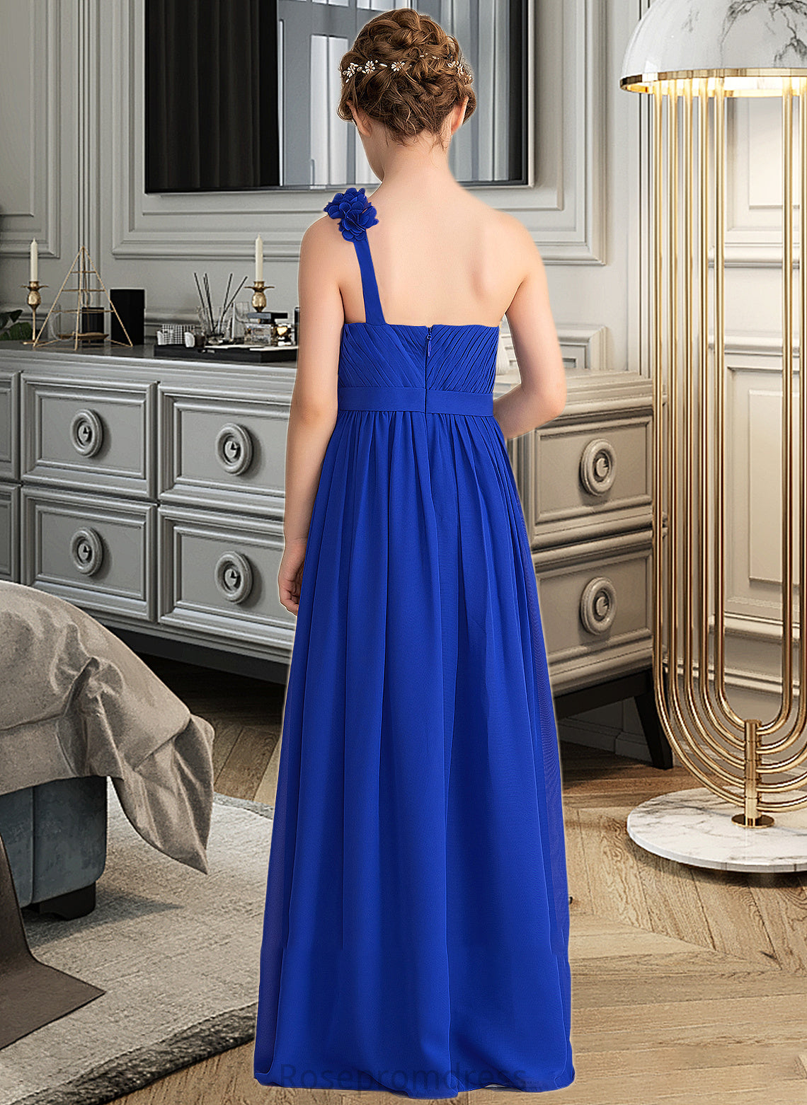 Lia A-Line One-Shoulder Floor-Length Chiffon Junior Bridesmaid Dress With Ruffle Flower(s) SRSP0013393